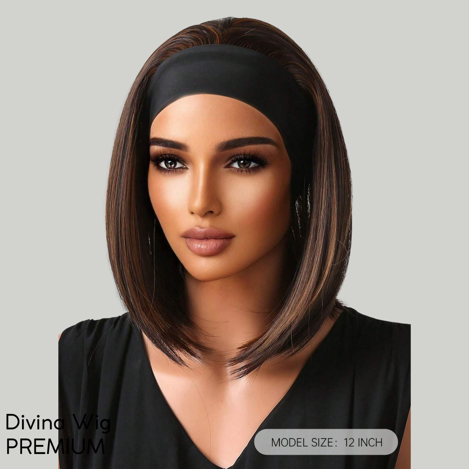 Straight Bob Headband Wig Brown Highlights Synthetic Hair 12 Inch Natural Look G
