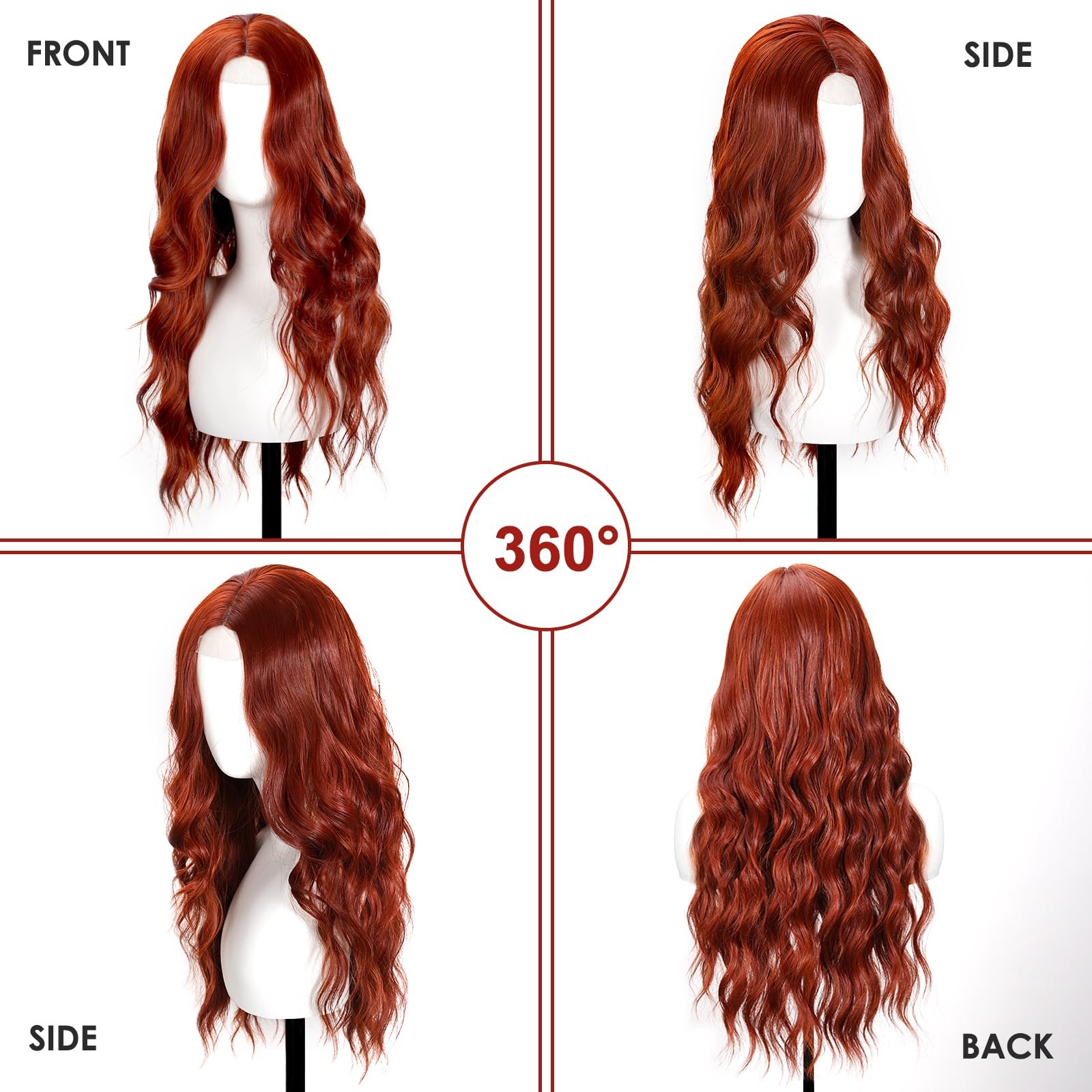Auburn Wig for Women, 26 Inch Long Wavy Lace Hairline Middle Part Natural Loo…