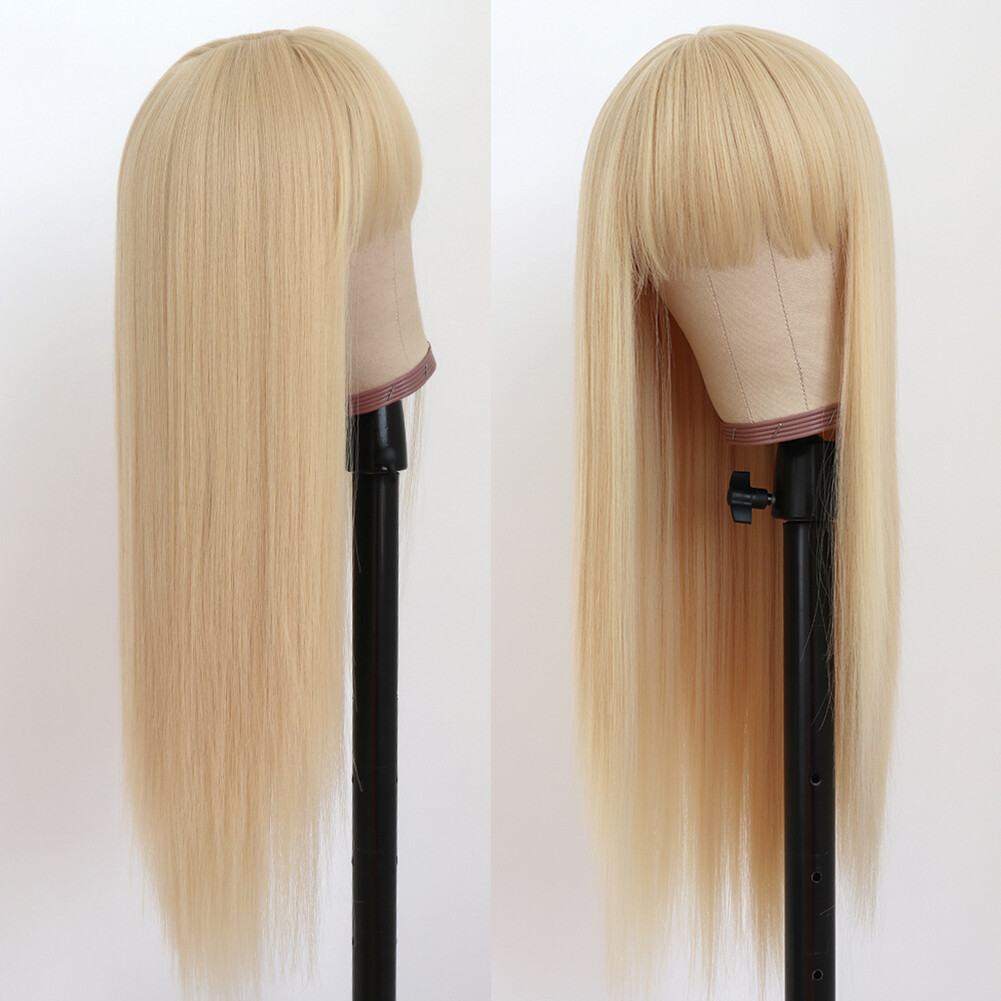 Long Blonde Heat Resistant Straight Hair No Lace Natural Women Wigs Full Bangs