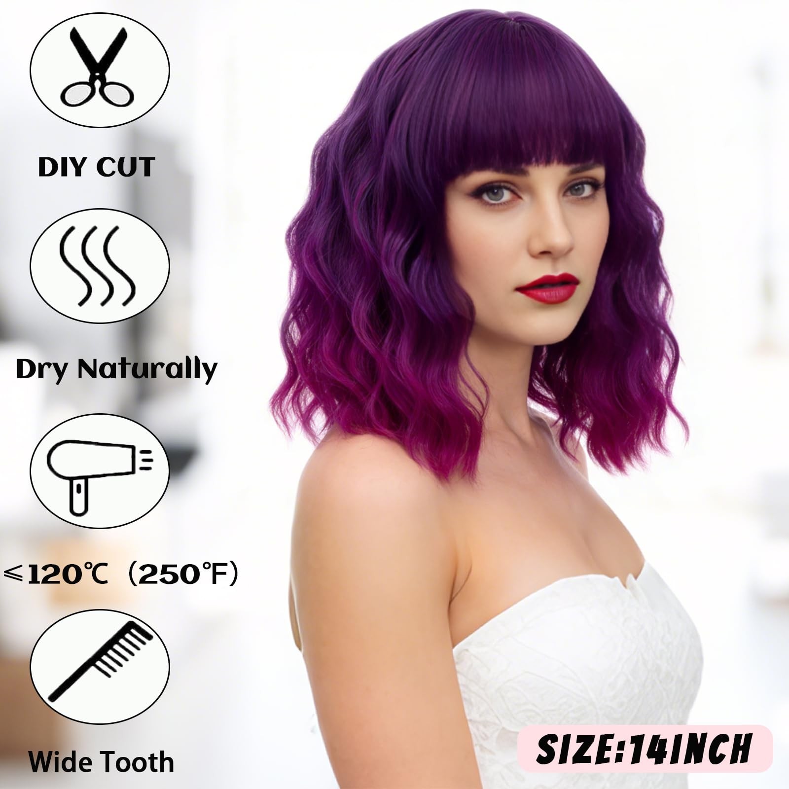 Women’s Bright Purple Ombre Wig Short Curly Wavy Wig Shoulder Length Flat Ban…