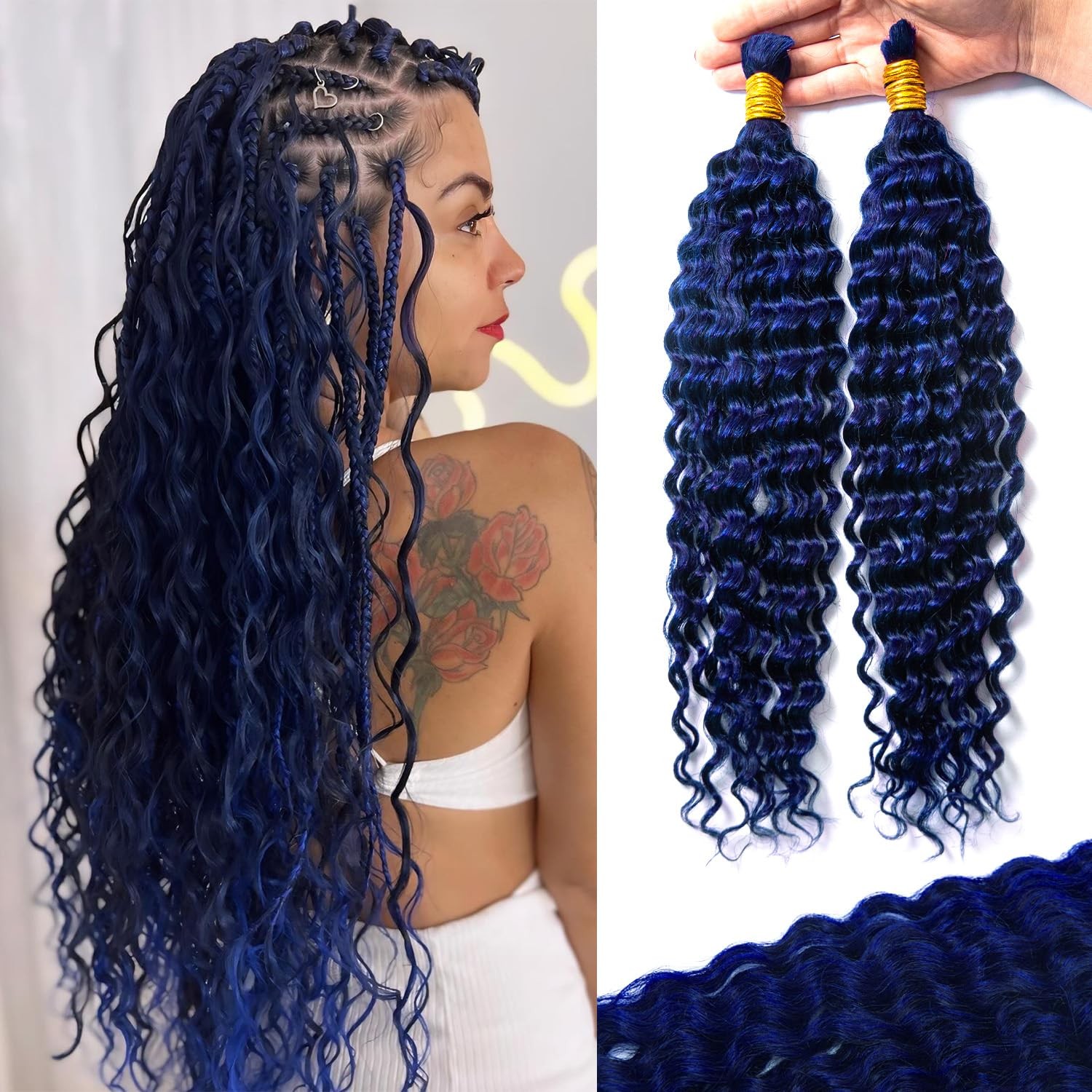 Krn Blue Human Braiding Hair For Boho Braids 110G 12A Deep Wave Curly Blue