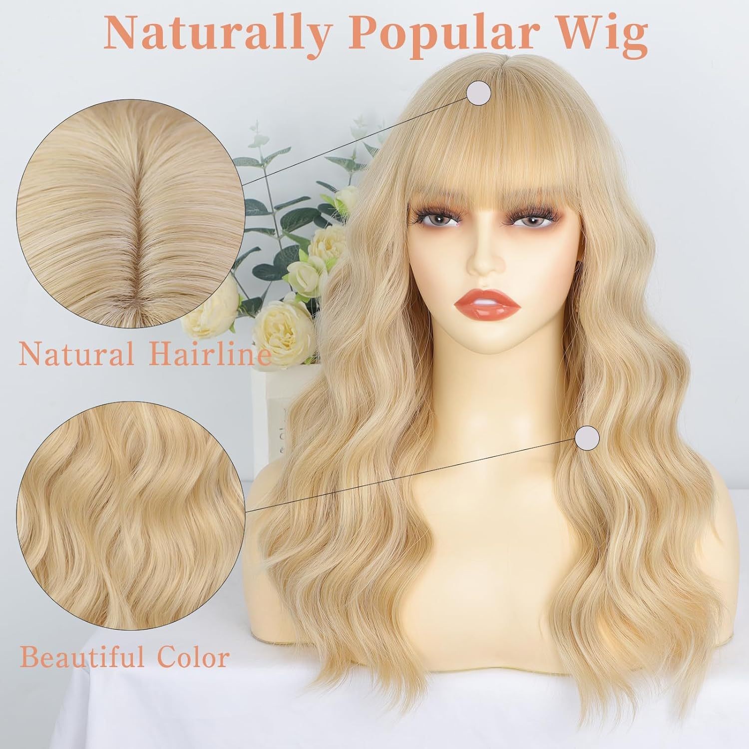 Water Wave Long Curly Wig with Bangs Heat Resistant Synthetic Full Cap for Women