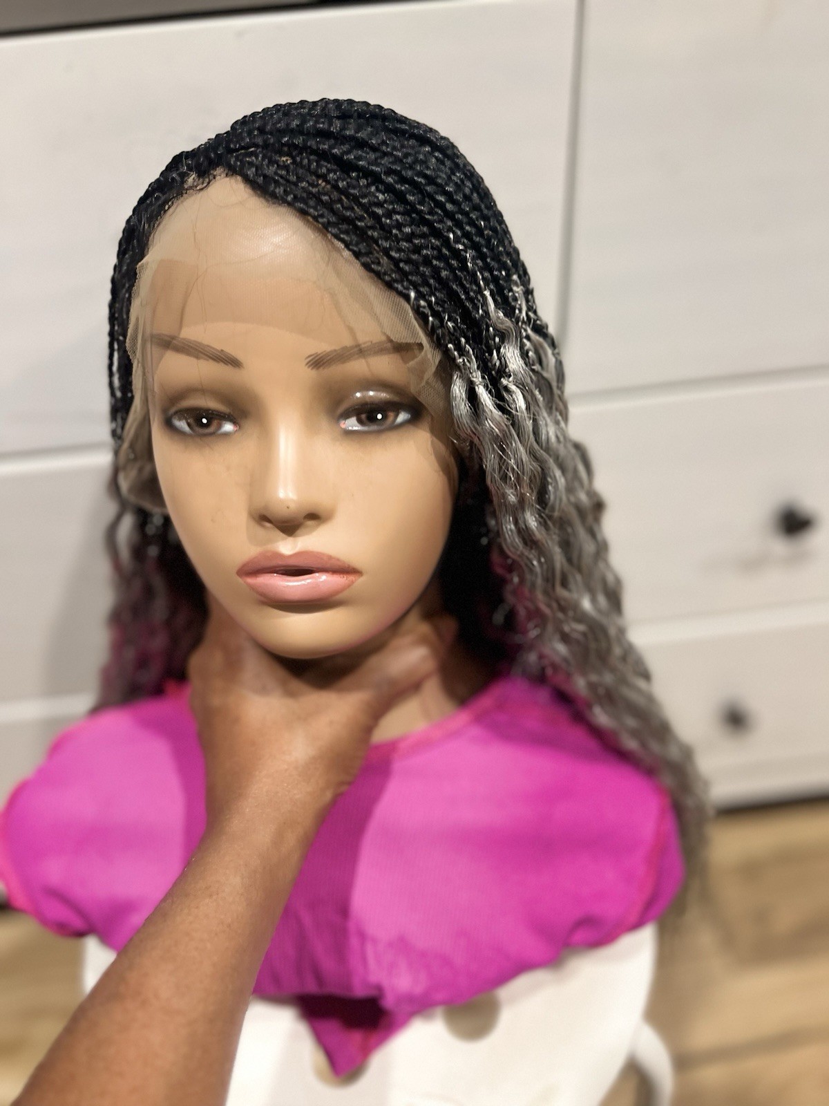 Braided water wave wig made on a full lace wig.length is 24” Black & Gray Wig