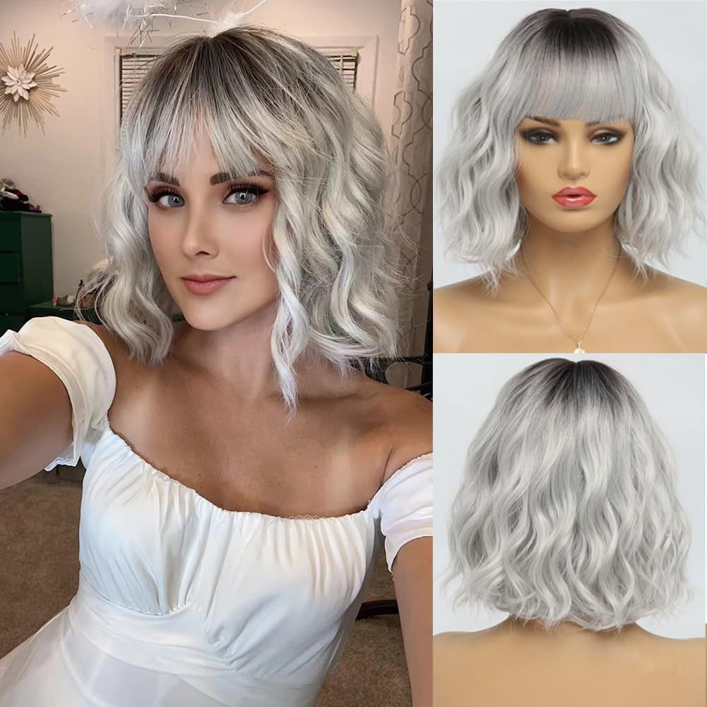Multi-color Blunt Bangs Short Water Wave Curly Wig for Women Rose Net Synthetic