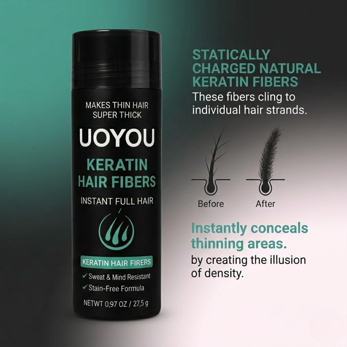 BLACK Hair Fibers for Thinning Hair 27.5G Bottle | Undetectable & Natural