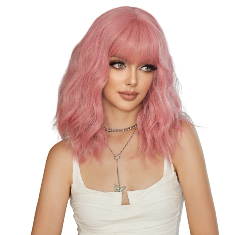 Pink Wavy Wigs With Bangs Short Bob Wavy Wigs for Women Curly Synthetic Cosplay