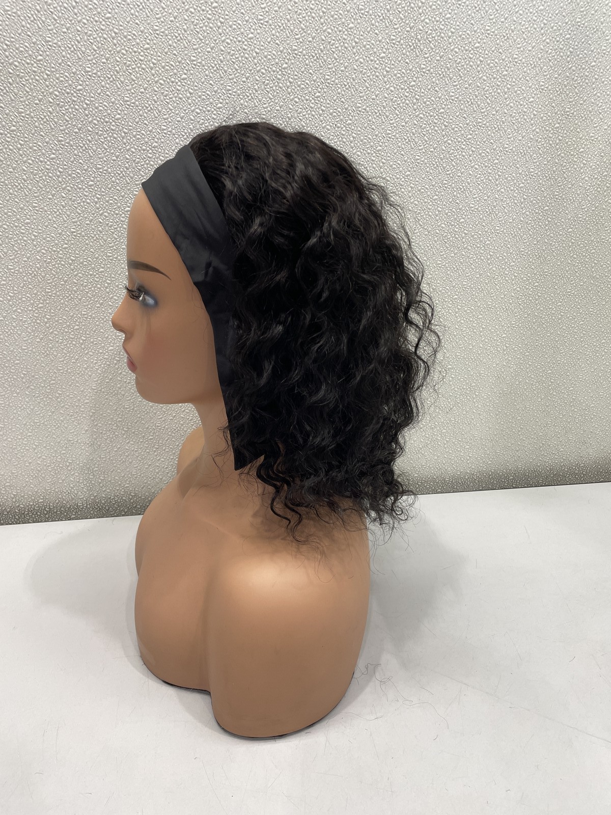 Wenyan Natural Black Deep Wave Human Hair Headband Glueless Wig, 12″