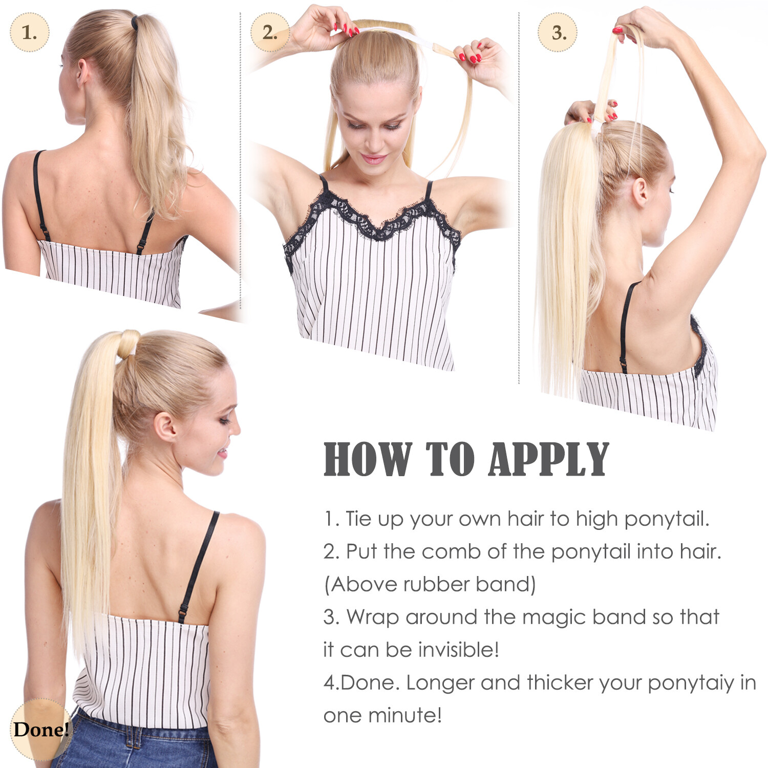 Thick 120g 100% Real Remy Human Hair Wrap Around Ponytail Extension With Clip in