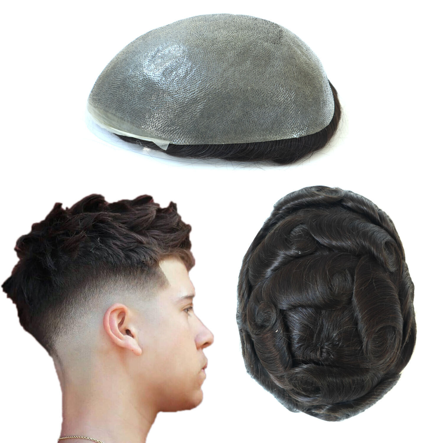 Mens Toupee Human Hair Replacement Full Poly Skin Injected PU System Men Wig