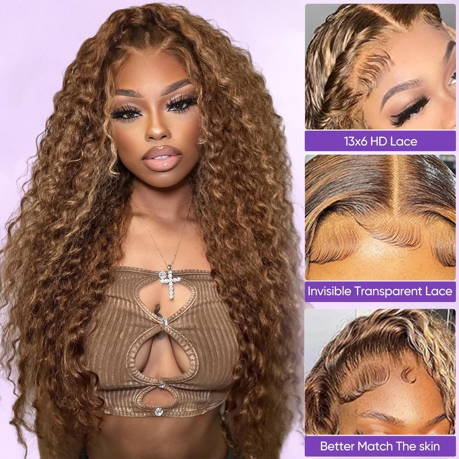 30″ Ombre Lace Front Wig Human Hair Deep Wave 13×6 HD Honey Blonde Curly Wigs