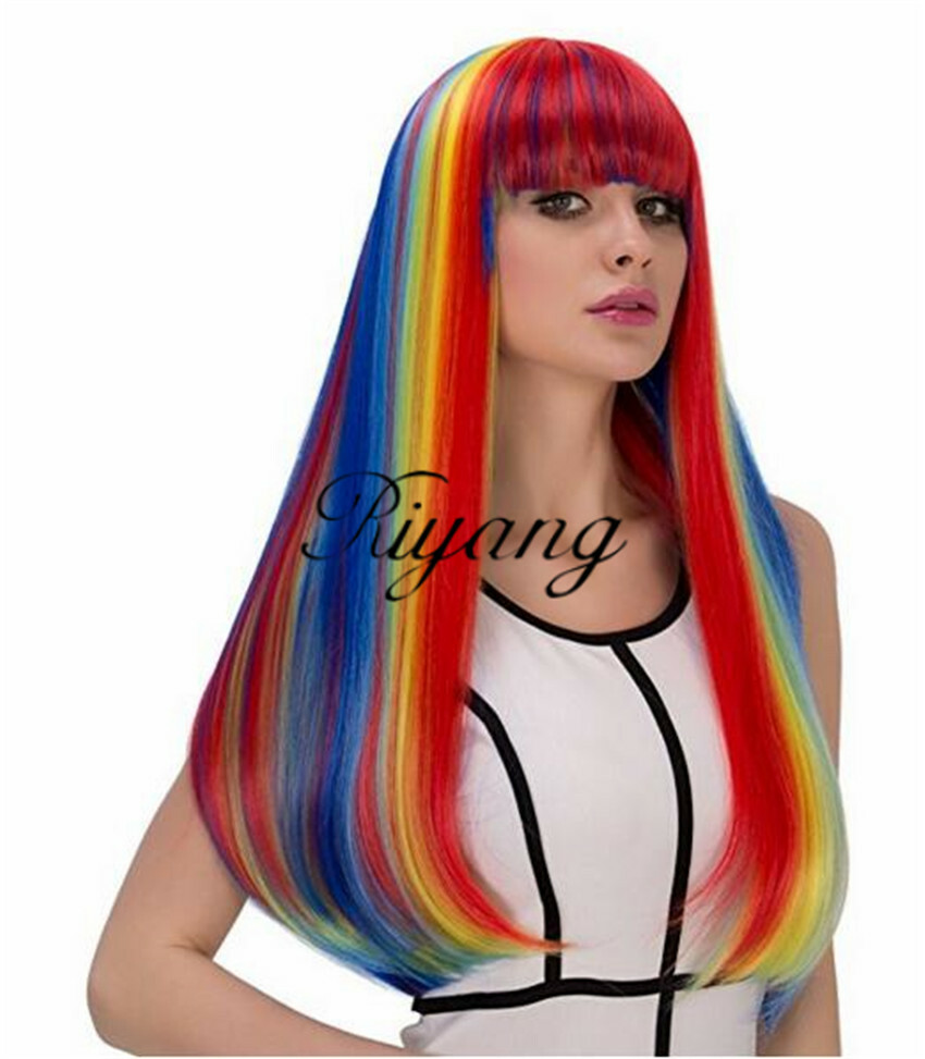 Multi-Color Straight Rainbow Costume Wig with Full Bang Long for Women Synthetic