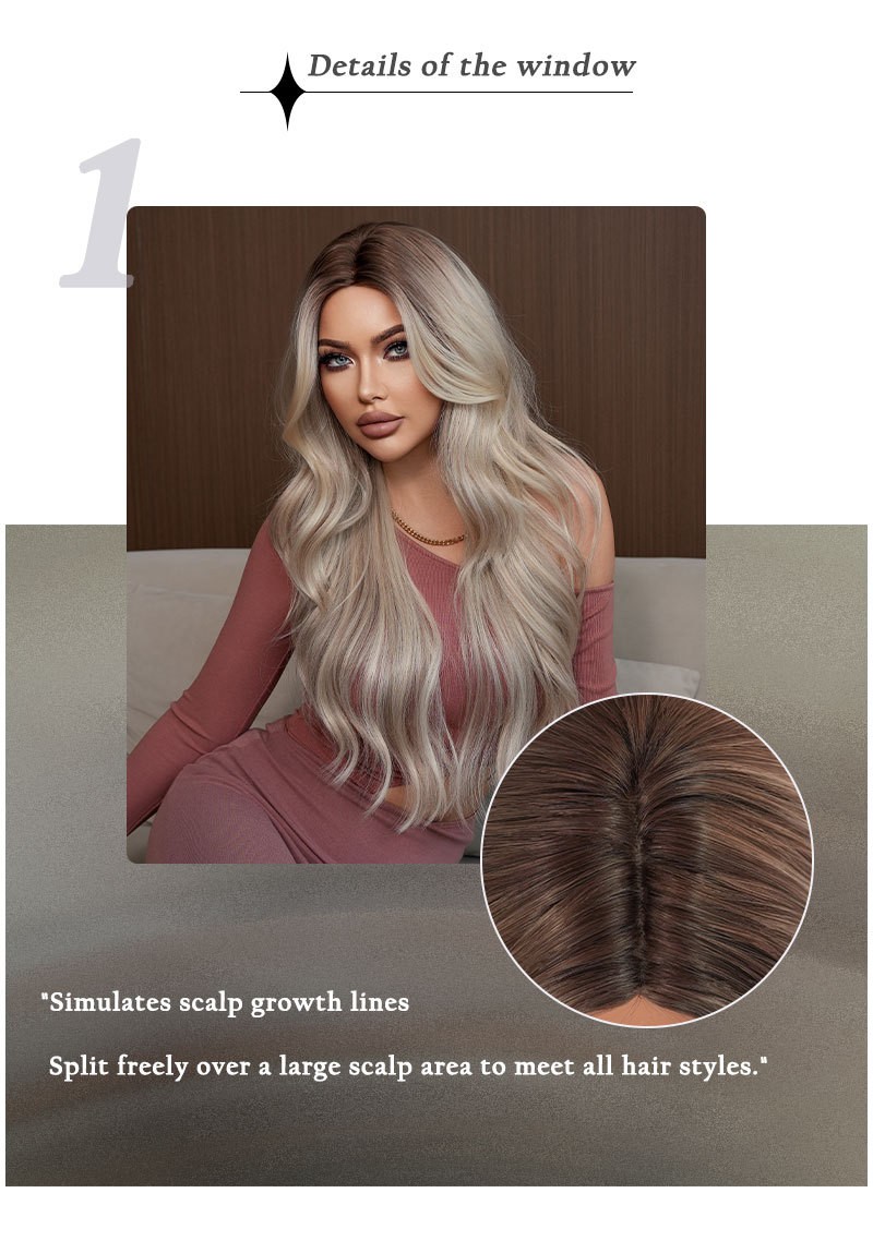 Long Wavy Ombre Beige Ash Blonde Middle Part Wig with Curtain Bangs for Women