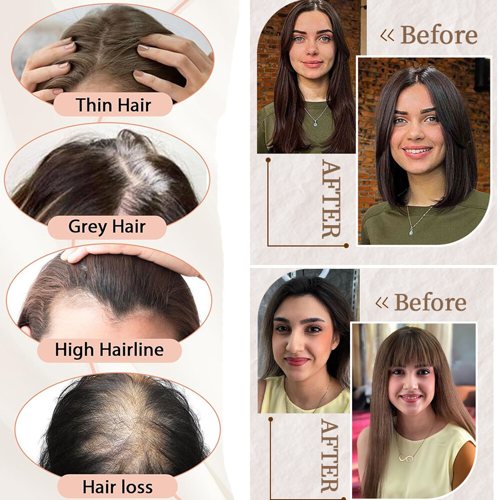Top Silk Base 100% Remy Human Hair Topper Toupee Top Hairpiece Clip In Bangs Wig
