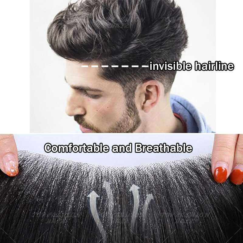 FULL Poly PU LACE Mens Toupee Hairpiece Remy Human Hair Wig Replacement System