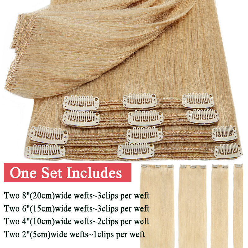 Double Wefts Clip In Russian Remy Human Hair Extensions Blonde Full Head Thick