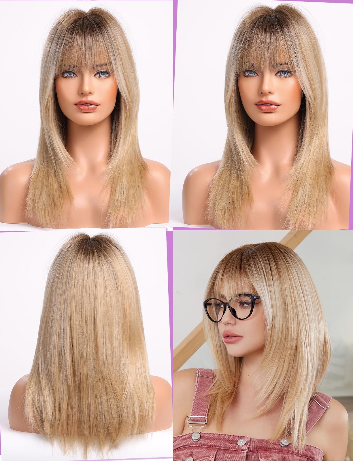 Light Blonde Wigs for Women layered Straight Wig with Bangs Natural Synthetic…