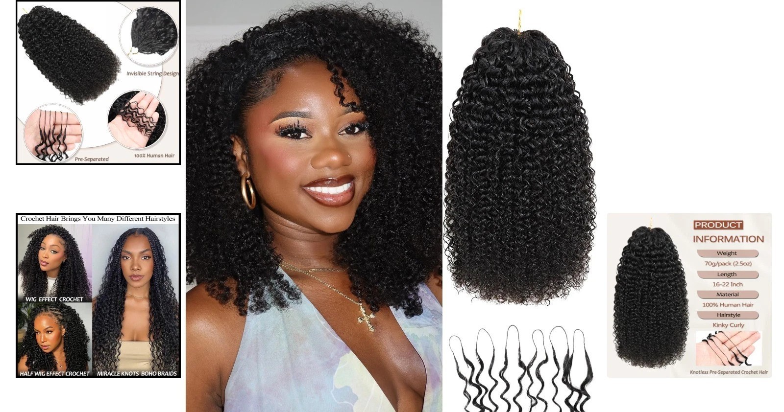 Kinky Curly Miracle Knots – 70g Invisible Human Crochet Hair Extensions 16 Inch