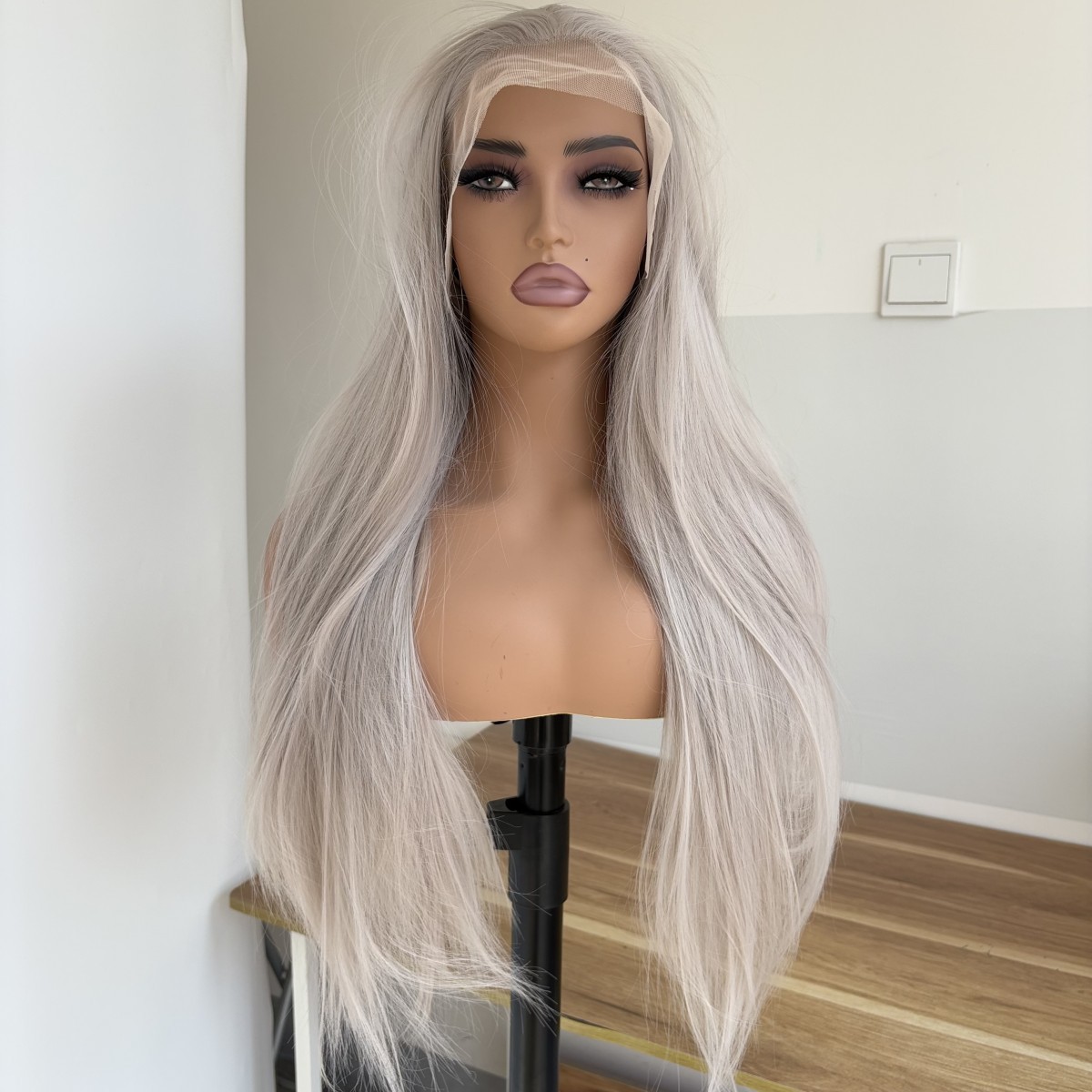 Long Straight Frontal Lace Wig Heat Resistant Hair Silver Pre Plucked