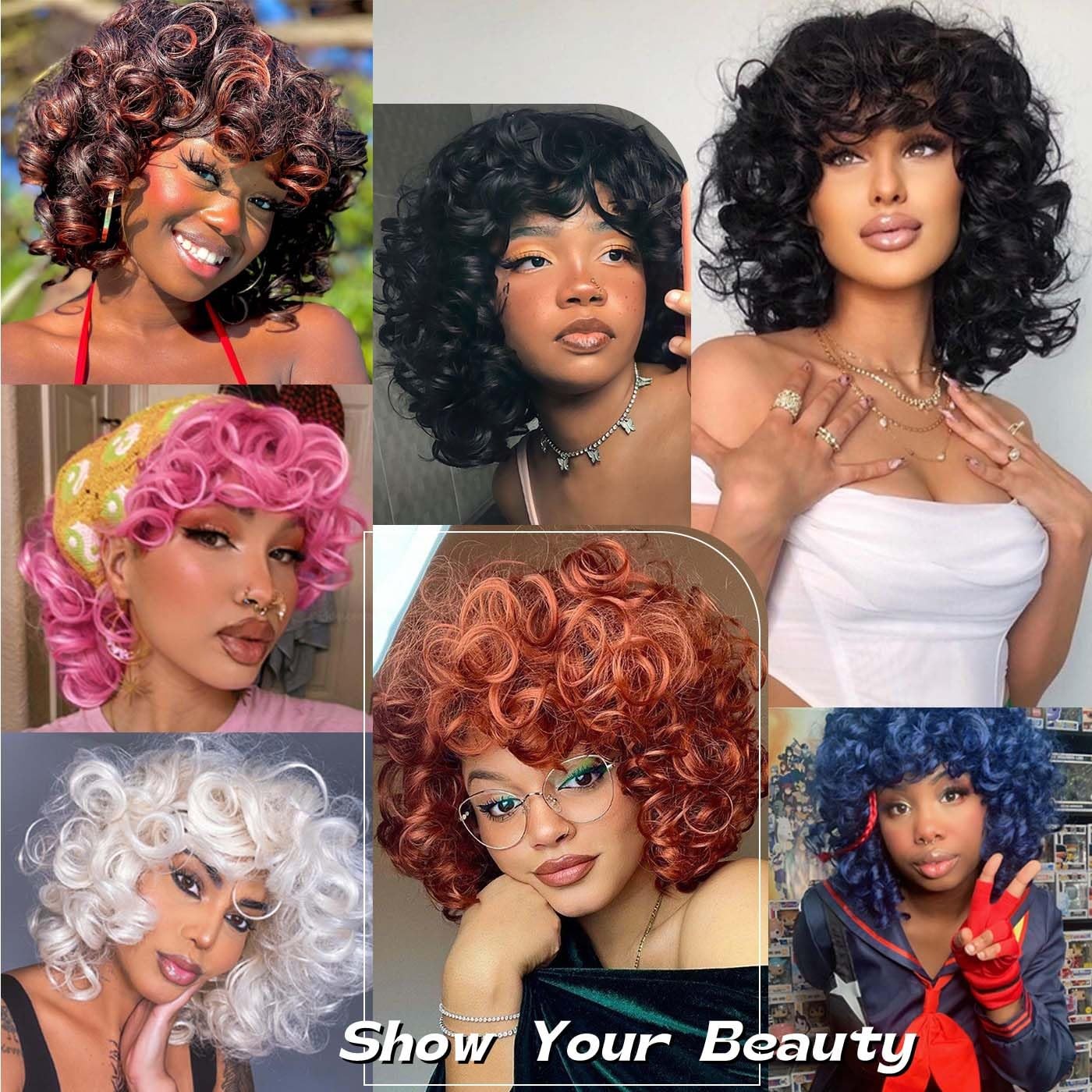 Short Curly Wigs for Black Women Afro Kinky Curly Wig with Bangs Loose Cute C…