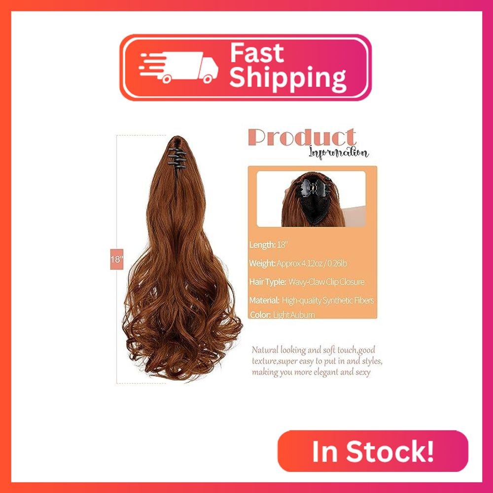 Leterly Ponytail Extension Claw 18″ Curly Wavy Clip in Hairpiece Ponytail Hair E
