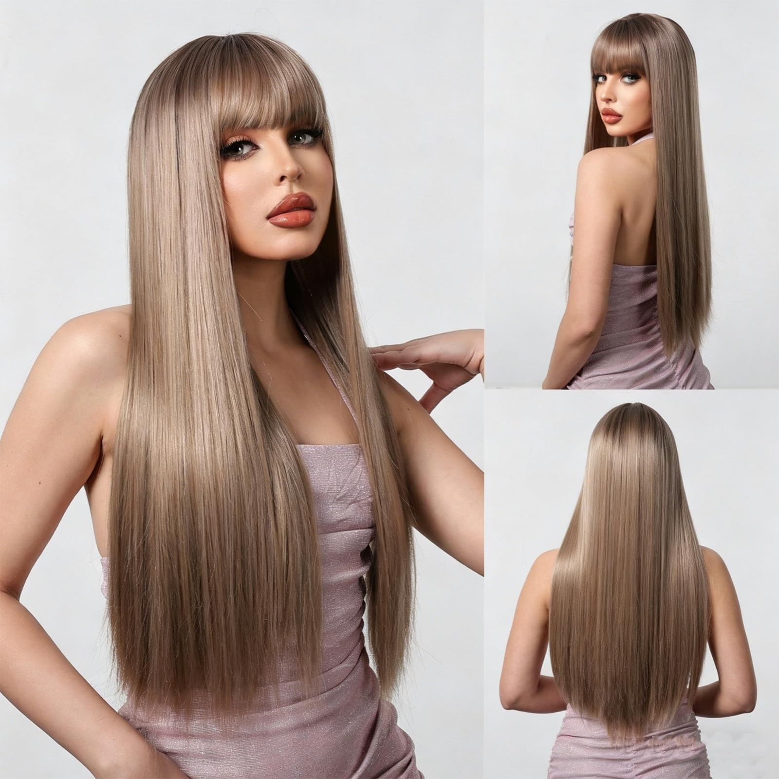 Long Wig with Bangs for Women Brown Blonde Highlight Synthetic Wig Medium Length