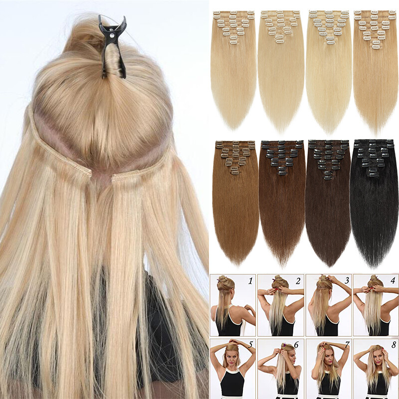 Soft Clip In hair Extensions Real 100% Remy Brazilian Human Hair Short Long 8PCS