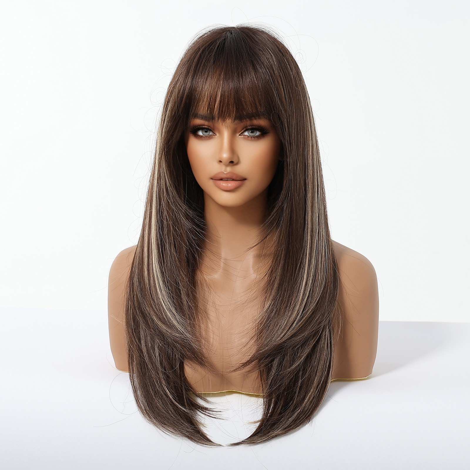 Dress Up Wig With Fringe Mixed Brown blonde Long Straight Synthetic Hair