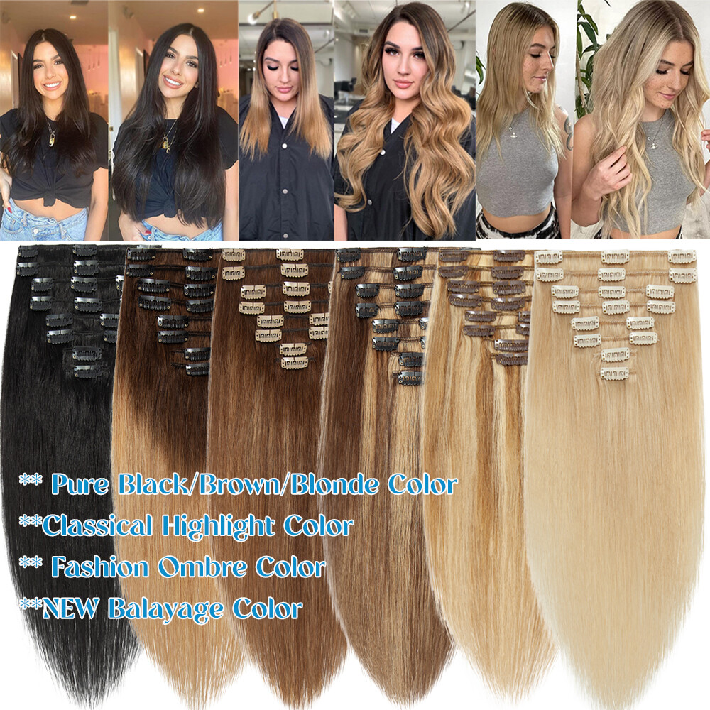 CLEARANCE 100% Human Hair Extensions Clip in Real Remy Hair 8Pcs Full Head Soft