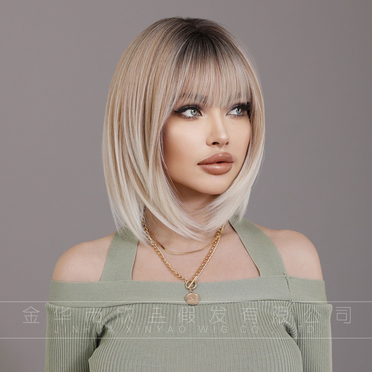 Custom Short BOB Wig Ash Tea Color Japanese Style Wig with Bangs Synthetic Full