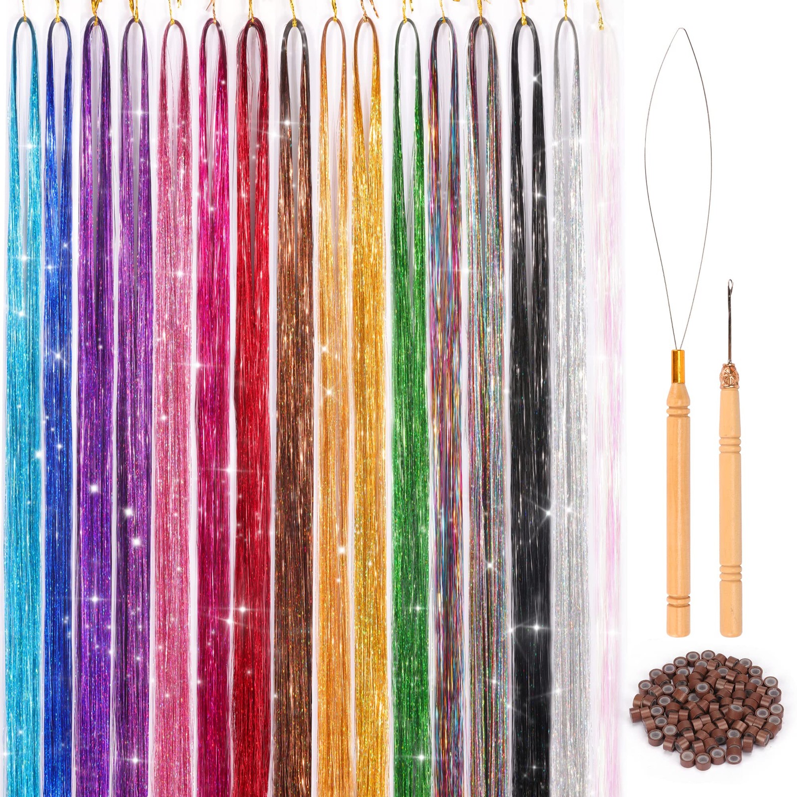 16 Colors Hair Tinsel Kit, 48 Inches 3300 Strands Tinsel Hair Extensions, Fai…