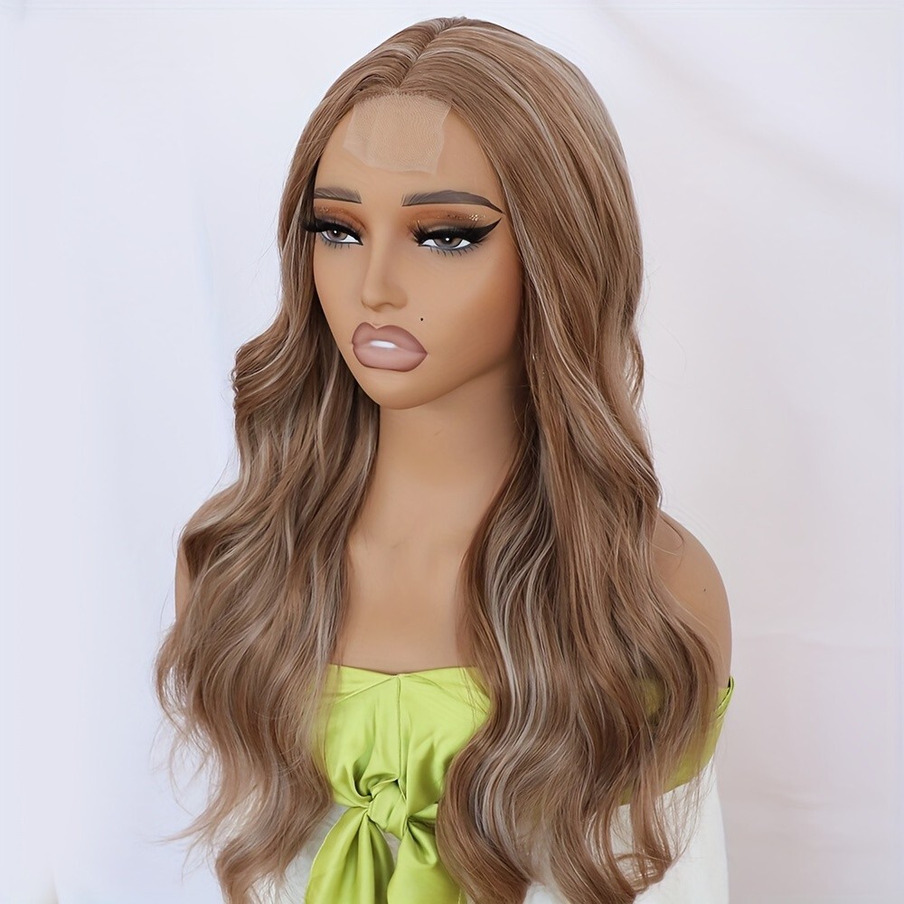 Ombre Brown Blonde Highlights Mixed Color Synthetic Wigs Middle Part Pre Plucked