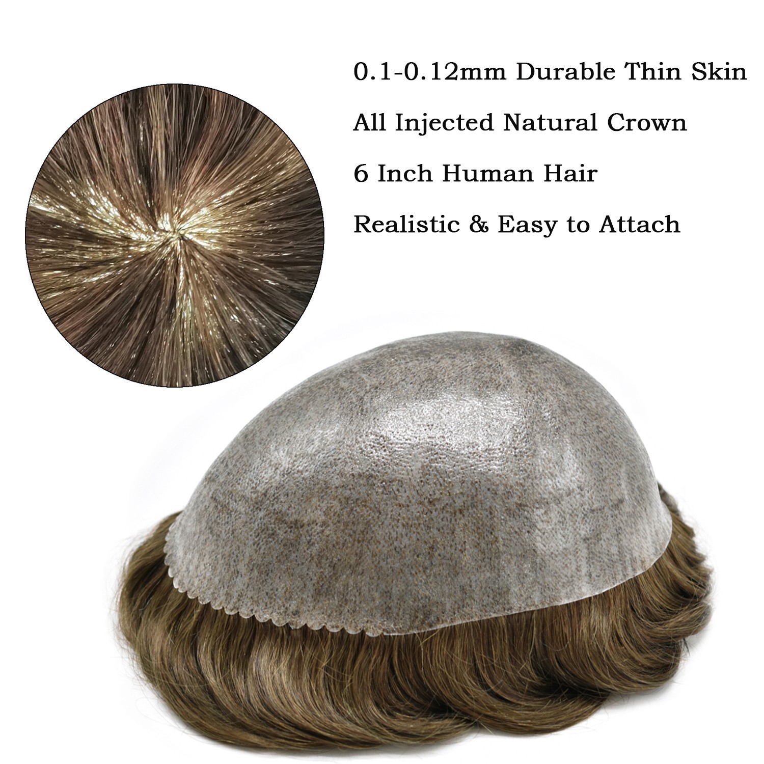 Mens Poly Hairpiece Thin Skin PU Injected Toupee Hair for Men Human Hair System