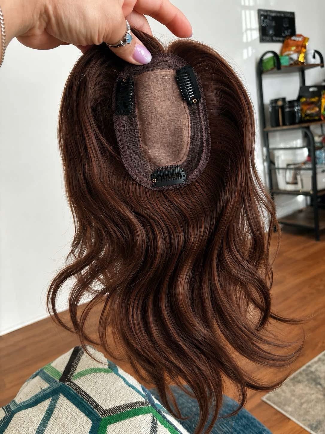 Real Human Hair Clip-In Topper Hairpiece Wiglet w/ Bangs Medium Brown 12in