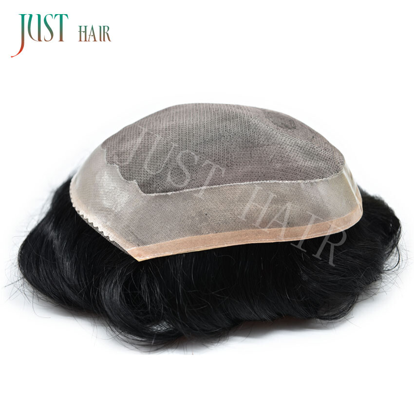 Mens Toupee Durable Fine Mono Lace Poly PU Around Hairpiece Remy Human Hair Wig