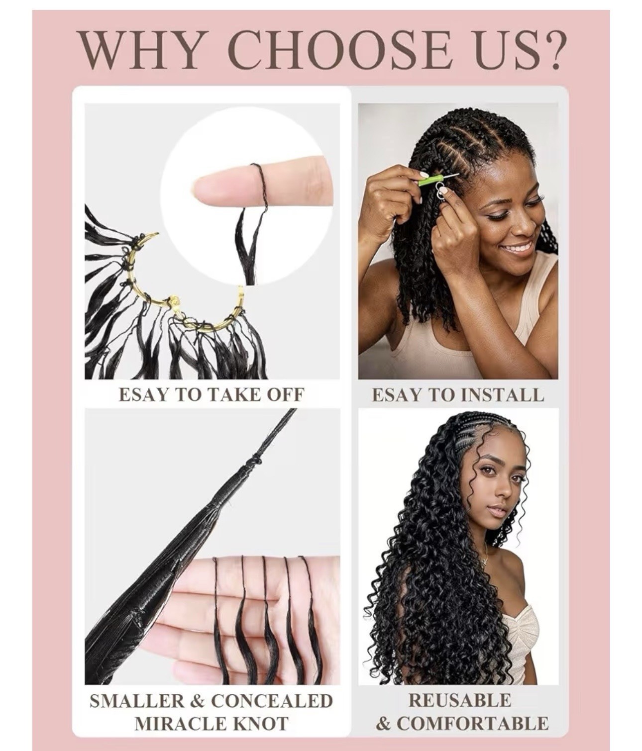 Human crochet Curly Pre-Looped Hair Extensions 18 in Black Reusable 10pcs Women