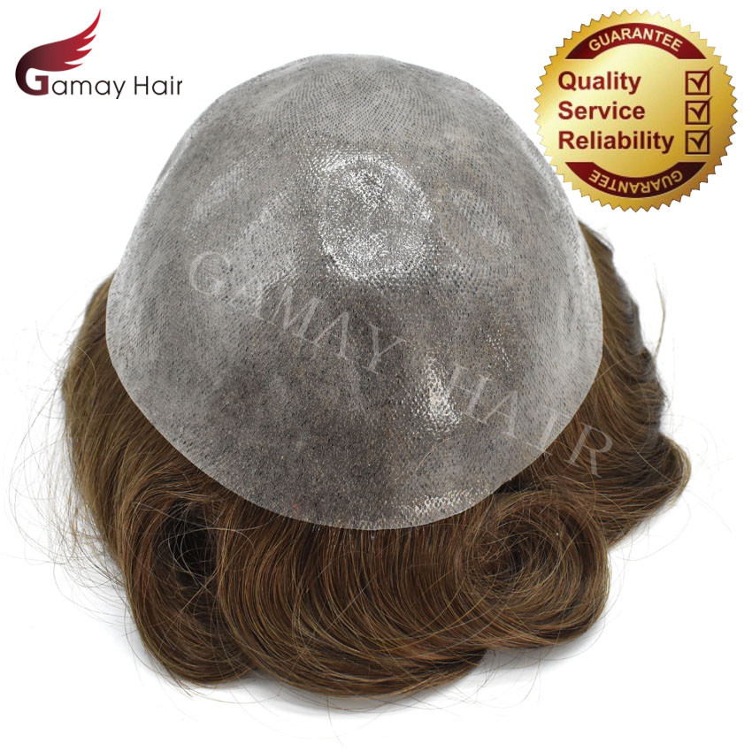 Full PU Mens Toupee Durable Poly Invisible Thin Skin Human Hairpiece Wig PAPY