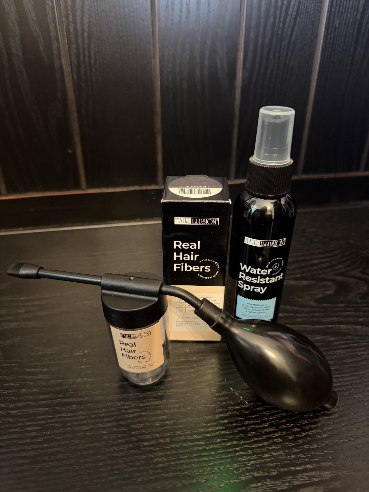 Hair Illusion 38g Black Real Hair Fibers + Water Resistant Spray + Applicator