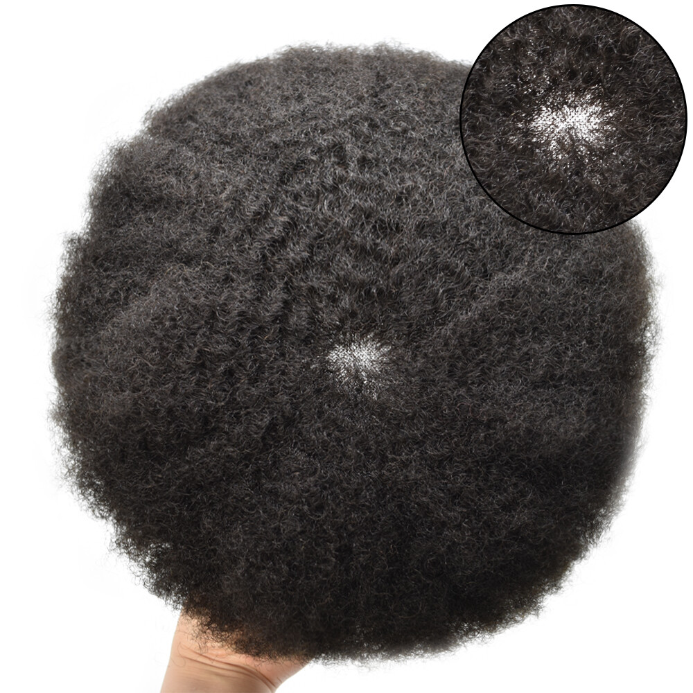 Mens Toupee Hairpiece Afro Curly Human Hair System Monofilament Wig for Men 6MM