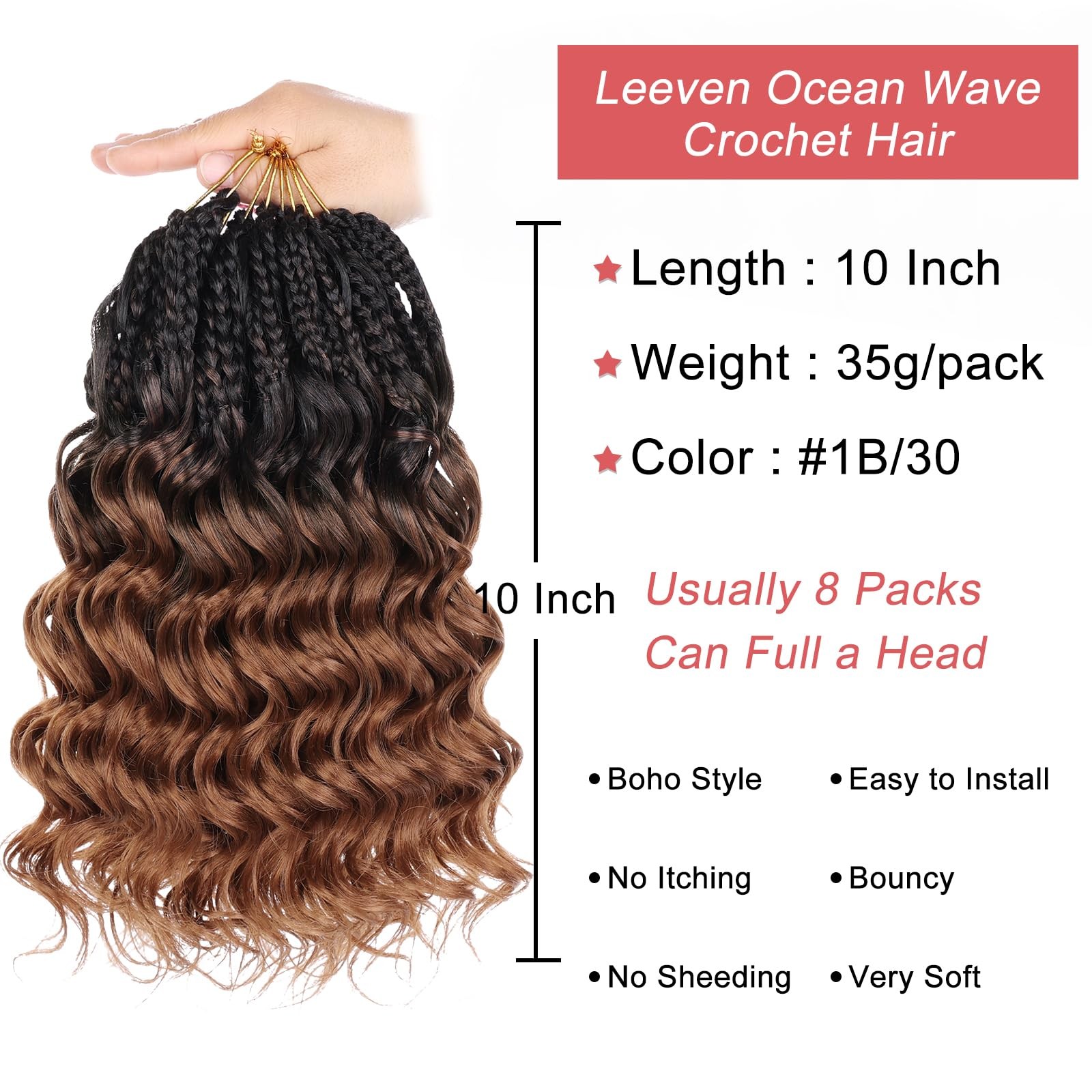 10 Inch 8 Packs Curly Crochet Hair Pre Looped Boho Ocean Wave Crochet Hair Bl.