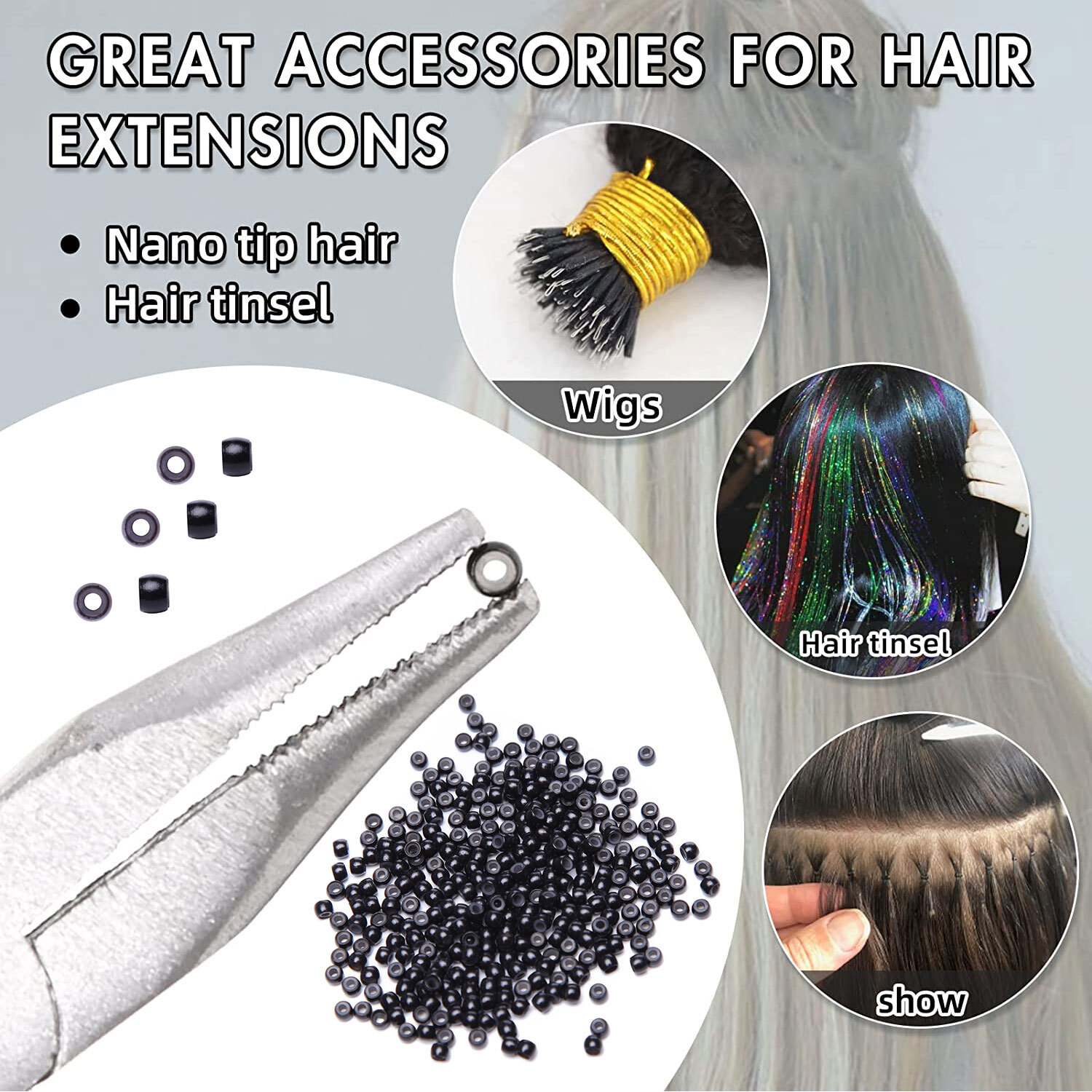 Nano Ring Loop Threader Pulling Tool Silicone Bead for Nano Bead Hair Extensions