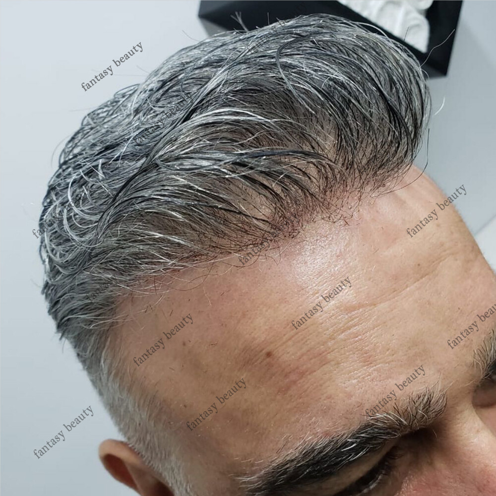 Super Thin Skin 0.02mm Silicon Men Toupee Natural Hairline Grey 100% Human Hair