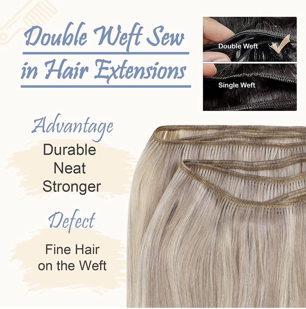 Easyouth Ash Blonde Sew in Hair Extensions Human Hair 12inch 70g