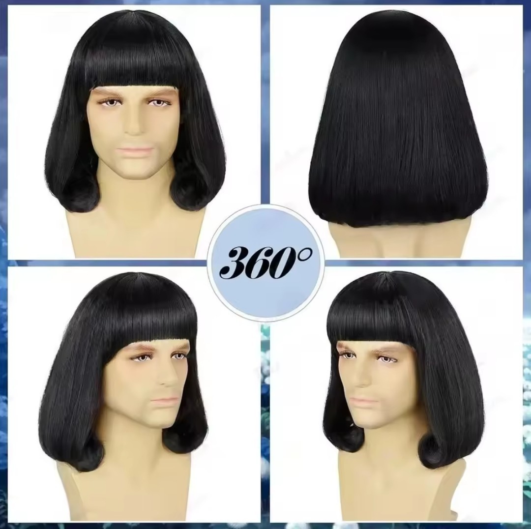 Lord Farquad Style Synthetic Unisex Wig Black Full Bangs Realistic Wig 14 Inch