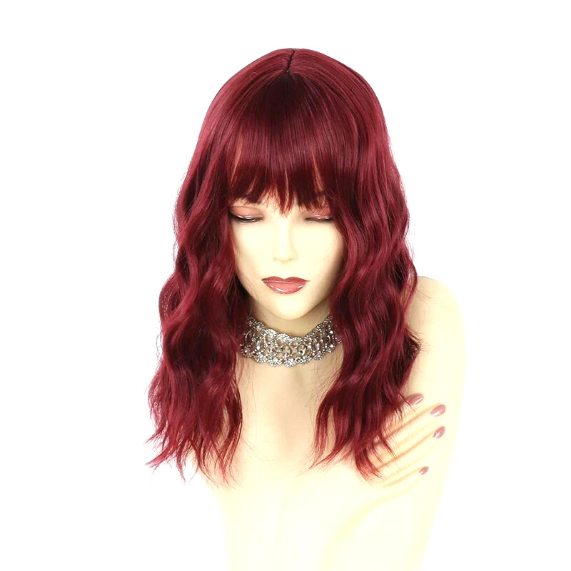 16in Burgundy Red Wig with Bangs Wavy Synthetic Wigs for Black Women Heat Safe