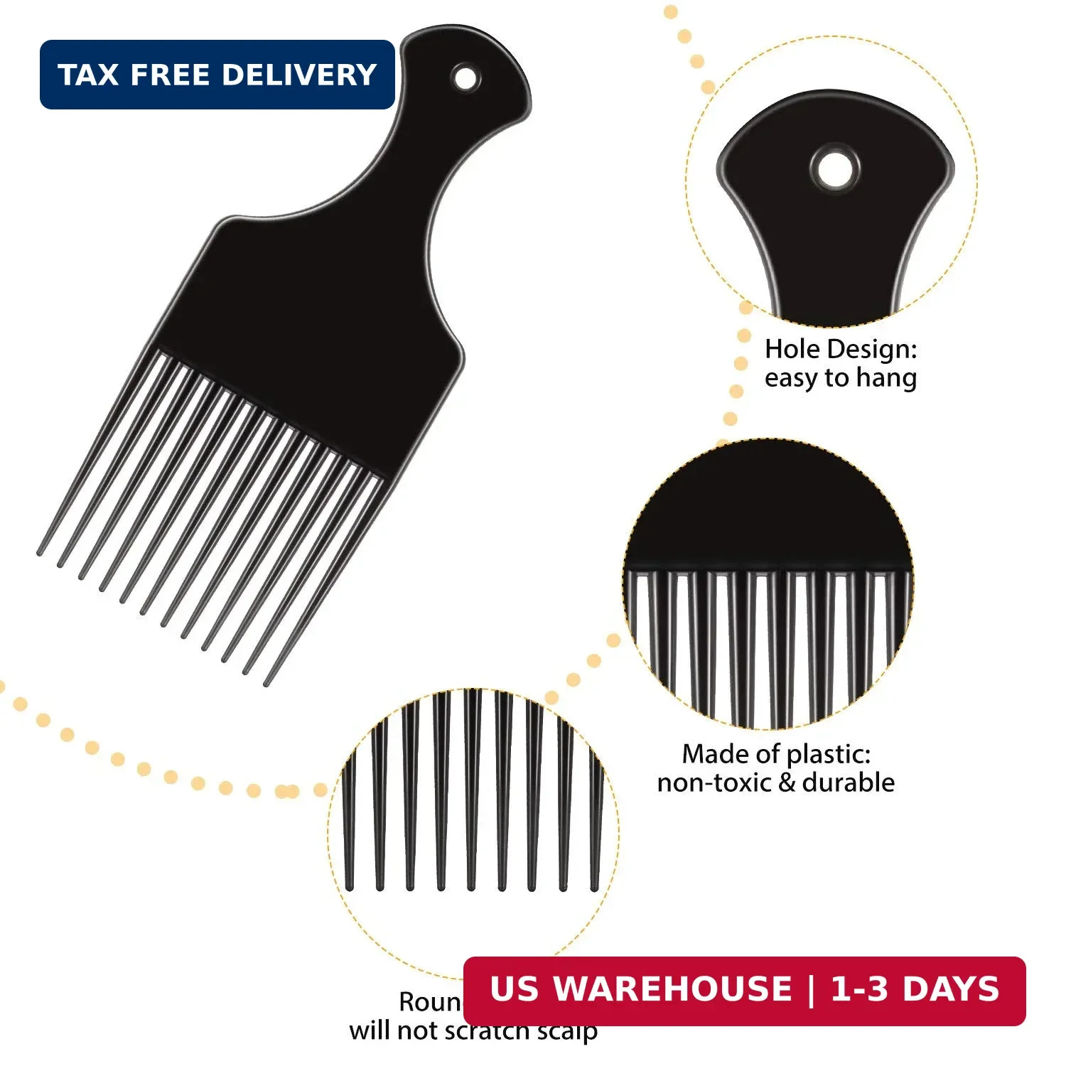 6 Pieces Smooth Plastic Afro Hair Combs, 6.5 Inch Natural Curly Hair Styling Too
