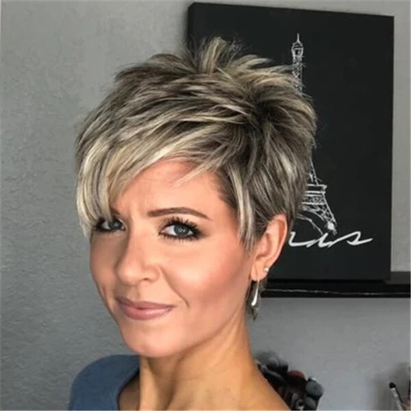 Women Pixie Cut Wigs Ash Blonde Mixed Gray Short Pixie Haitcuts Synthetic Wigs
