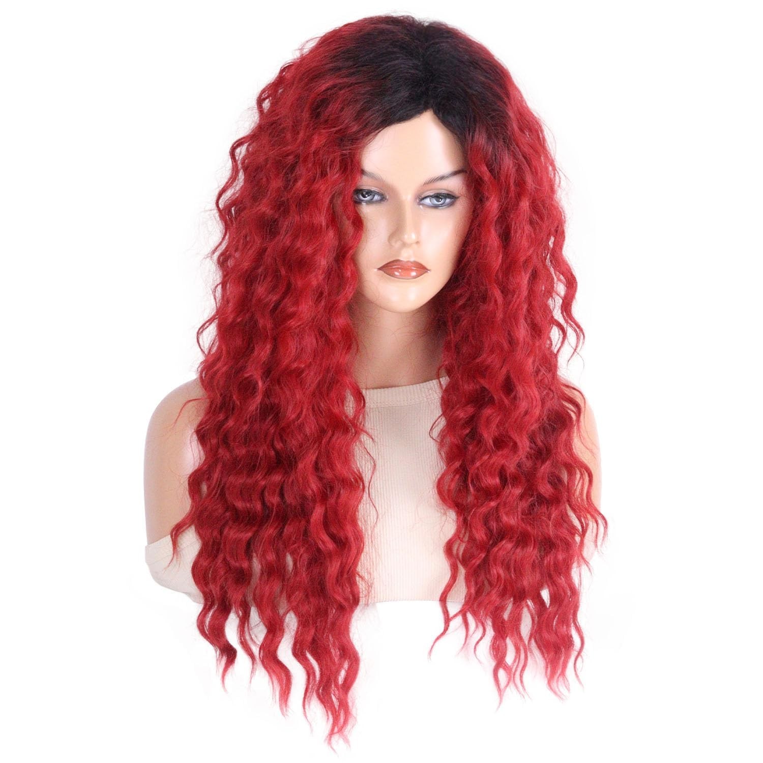 26″ Long Red Wig Curly 80s Women Bouncy Layered Ombre Black Roots Synthetic
