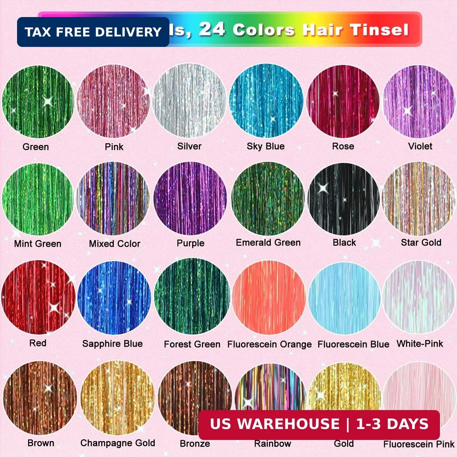 Hair Tinsel, 24 Colors 9800 Strands Hair Tinsel Kit with Tools 48 Inch Glitter T