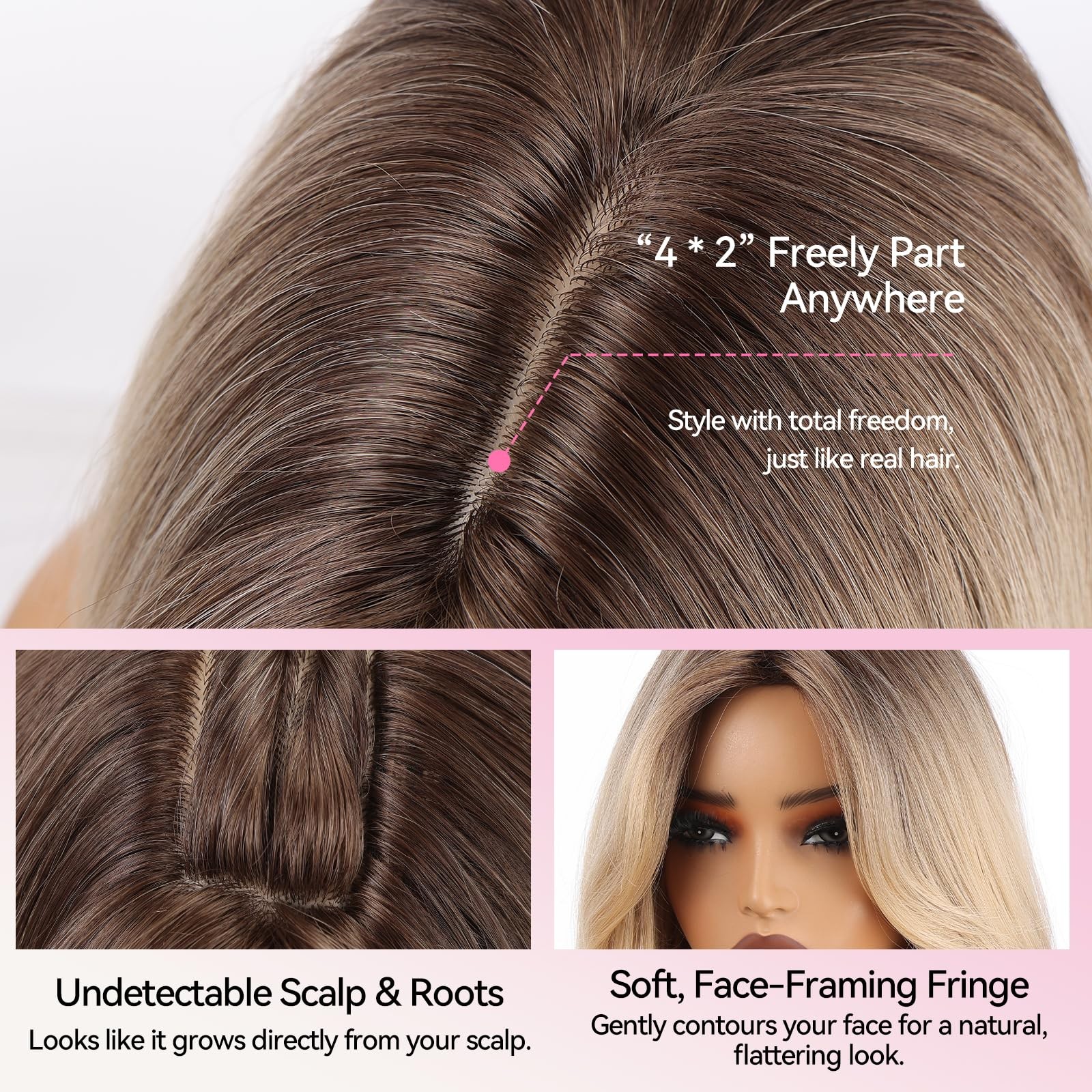 Long Ombre Blonde Wig for Women, 28 Inch Wavy Synthetic Wig with Curtain Bang…