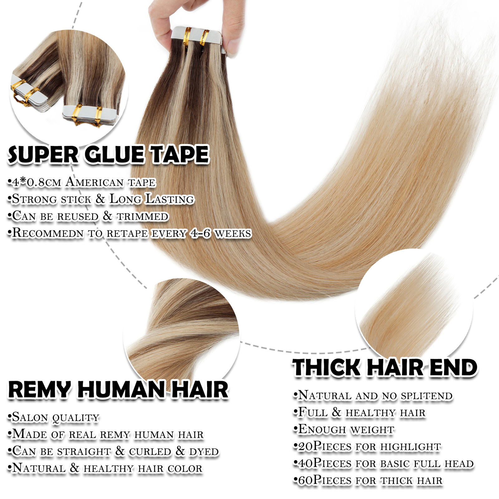 150G THICK Skin Weft Tape In 100% Human Remy Hair Extensions Full Head Highlight